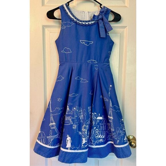 Rare Editions Vintage Pleated Polished Paris Blues Print Dress 10 Little Girl - Picture 2 of 9